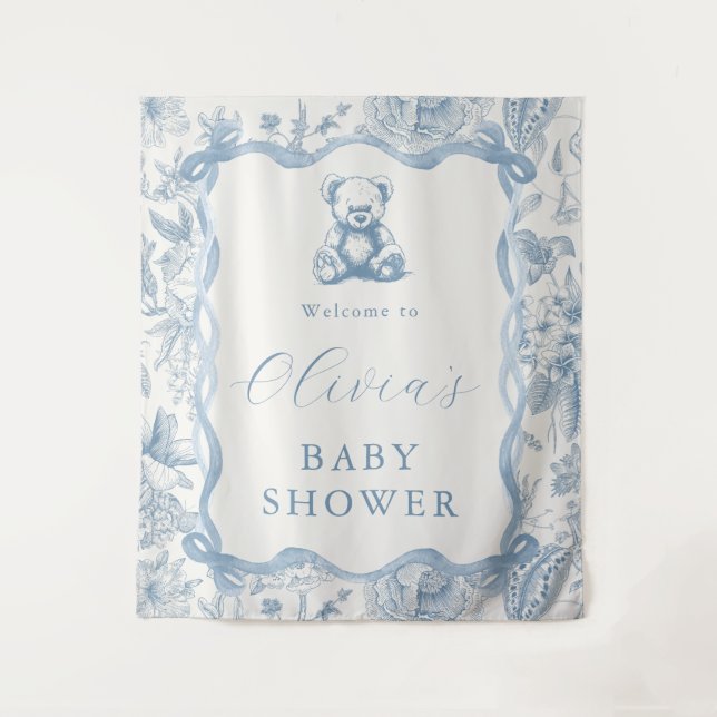Tapiz de Baby Shower de Oso Teddy Toile Azul (Anverso)