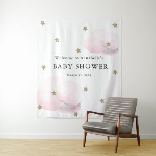 Tapiz de Baby Shower Estrellas Doradas y Nubes Ros