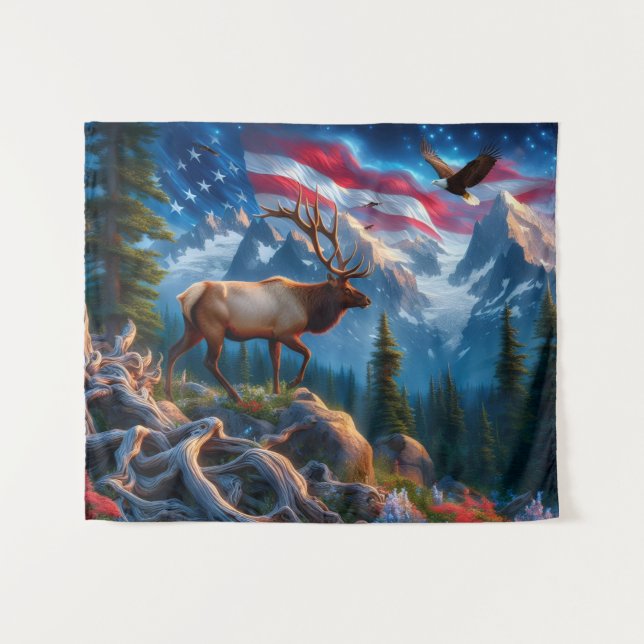 Tapiz de bandera estadounidense y alce (Anverso (horizontal))
