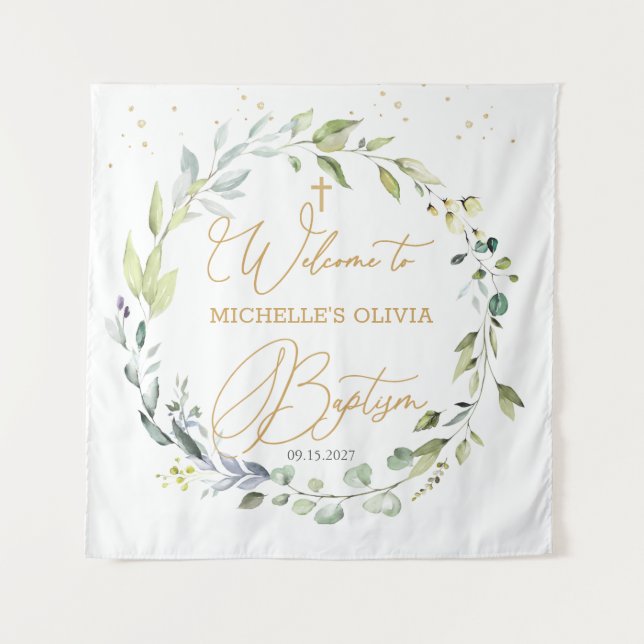 Tapiz de bautizo de bebé de cruz herbal de eucalip (Anverso)