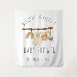 Tapiz de bienvenida para baby shower con ropa colg