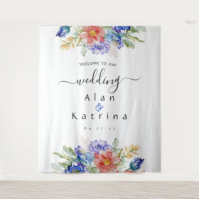 Tapiz de boda de flores silvestres audaces  azul r (Anverso)
