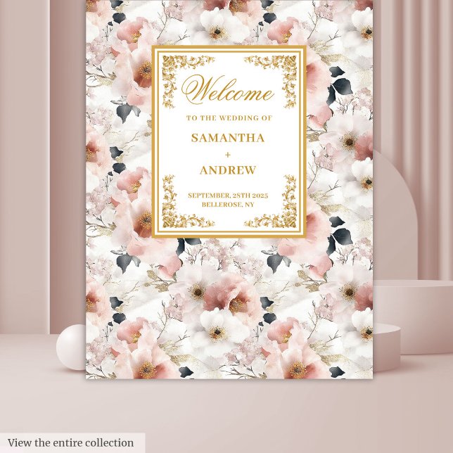Tapiz de boda floral rosa polvoriento Elegant Scri (Elegant Script dusty pink floral wedding tapestry)