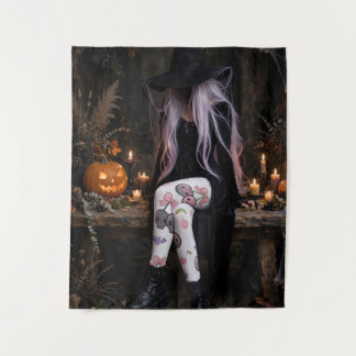 Tapiz de bruja de Halloween rosa lindo, Wi Cottage