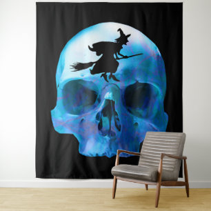 Tapiz de brujas y cráneo de Halloween