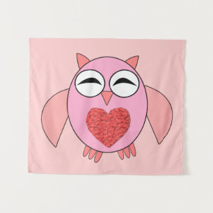 Tapiz de búho con corazón de amor rosa