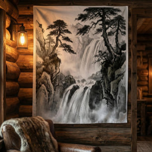 Tapiz de Cascada   Arte de Montaña en Blanco y Neg
