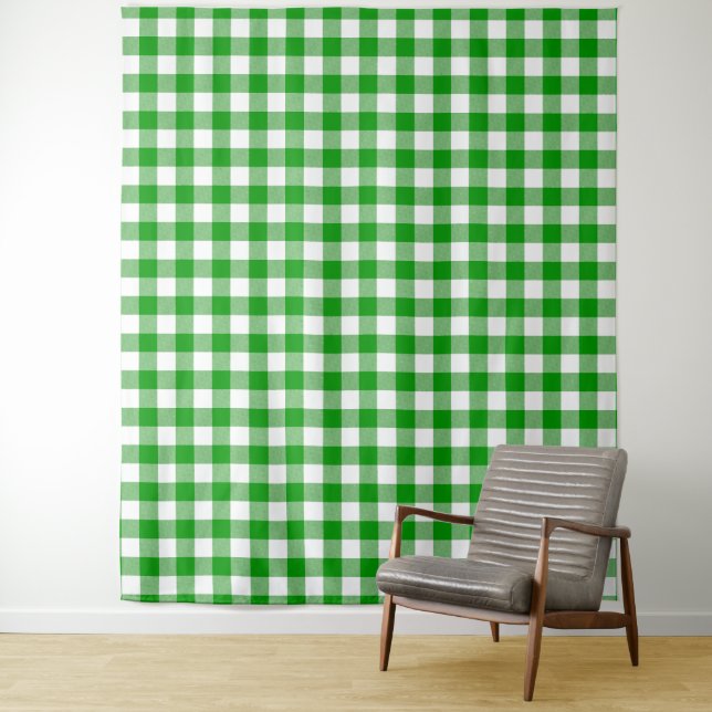 Tapiz de chequeo de Gingham verde y blanco (In situ)