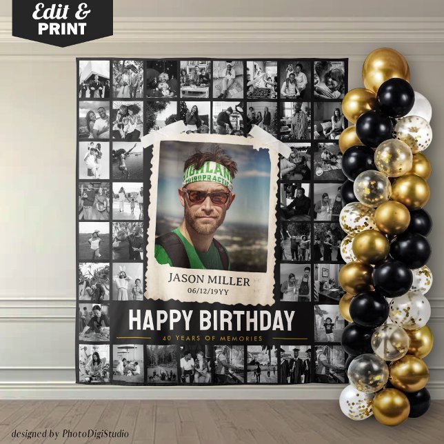 Tapiz de Colaje de Fotos Personalizadas, Cumpleaño (Custom Photo Collage Tapestry, Fun Retro Birthday Tapestry)