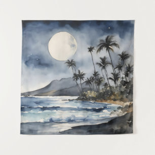 Tapiz de color de agua de luna llena Palmeras de p
