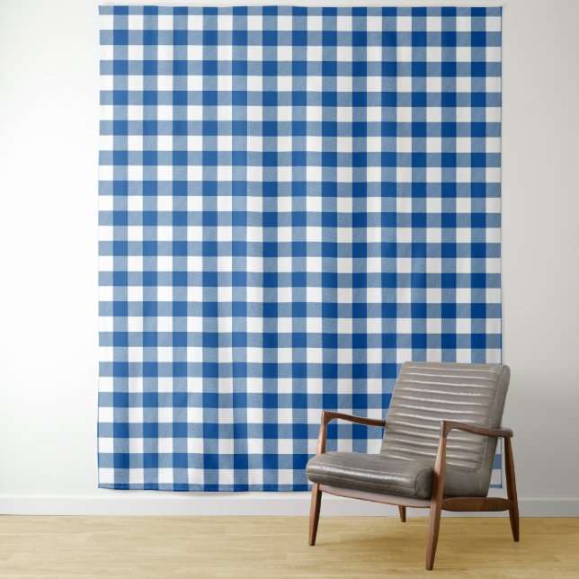 Tapiz de comprobación de Gingham azul y blanco (In situ)