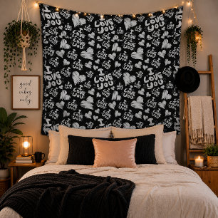 Tapiz de Corazones de Amor Blanco Negro Dormitorio