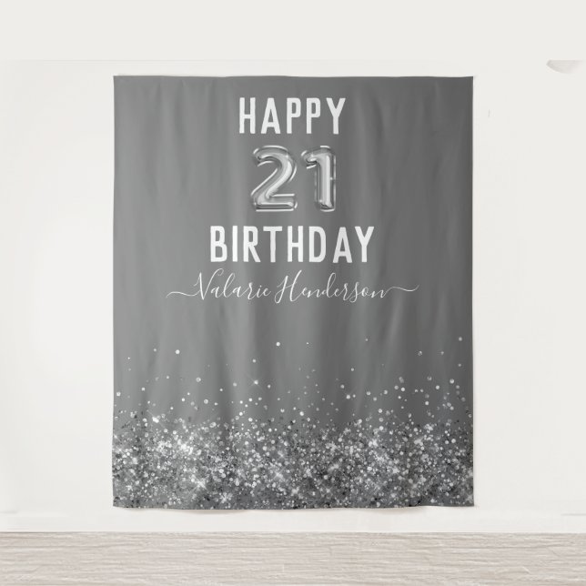 Tapiz de cumpleaños 21 feliz gris y plata (Anverso)