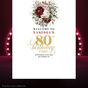 Tapiz de cumpleaños 80 con flores rosadas de lujo