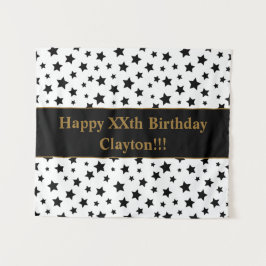 Tapiz de cumpleaños de estrellas negras con mensaj