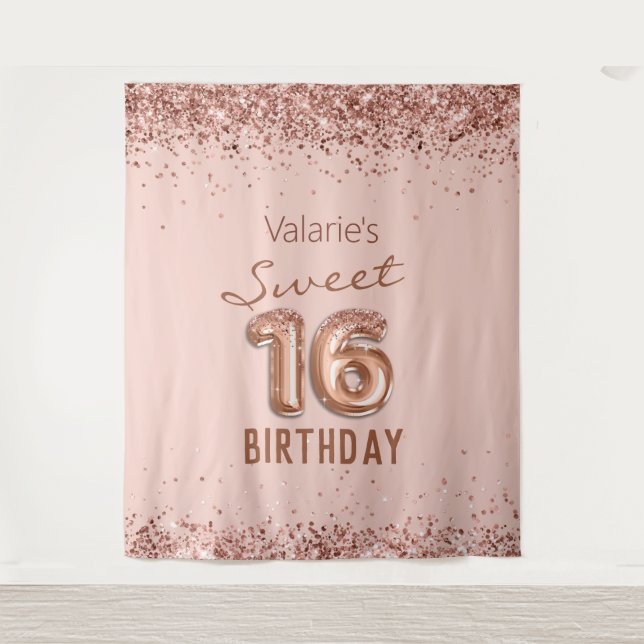 Tapiz de Cumpleaños Feliz 16 Rosado Dorado Rosa (Anverso)
