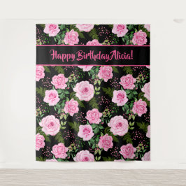 Tapiz de cumpleaños feliz con rosas rosadas negras