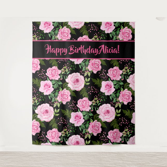 Tapiz de cumpleaños feliz con rosas rosadas negras (Anverso)
