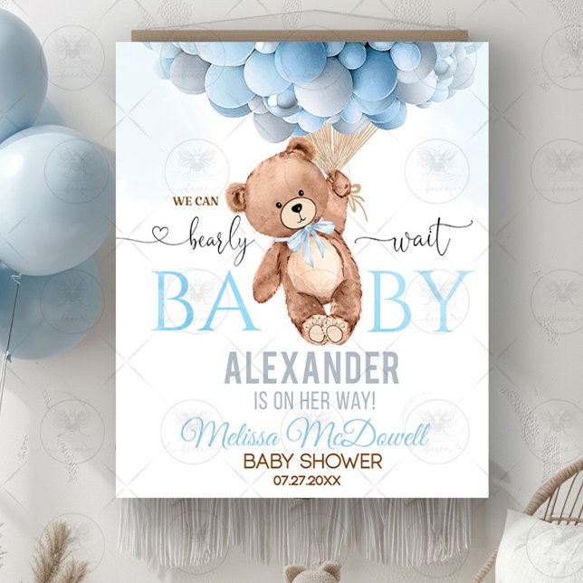 Tapiz de Ducha de Bebé Teddy Bear Bearly Wait Azul (teddy bear baby shower,boy teddy bear shower,we can bearly wait,teddy baby shower,balloon baby showe)