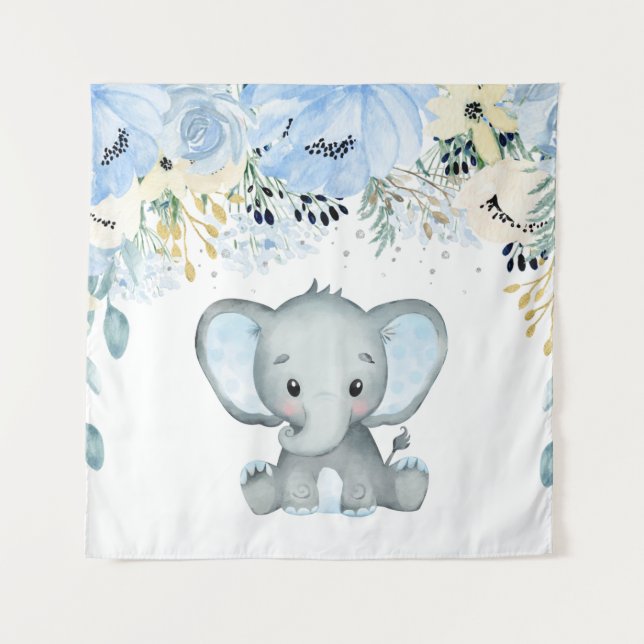 Tapiz de elefante floral azul para habitación de b (Anverso)