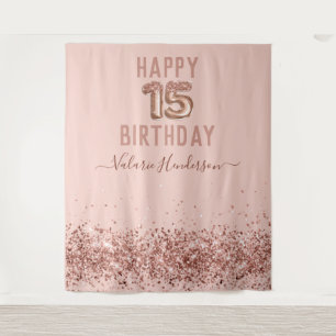 Tapiz de Feliz Cumpleaños 15 Rosa Dorado Rosa