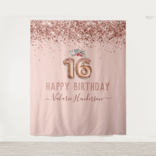 Tapiz de Feliz Cumpleaños 16 Rosa Dorado Rosa