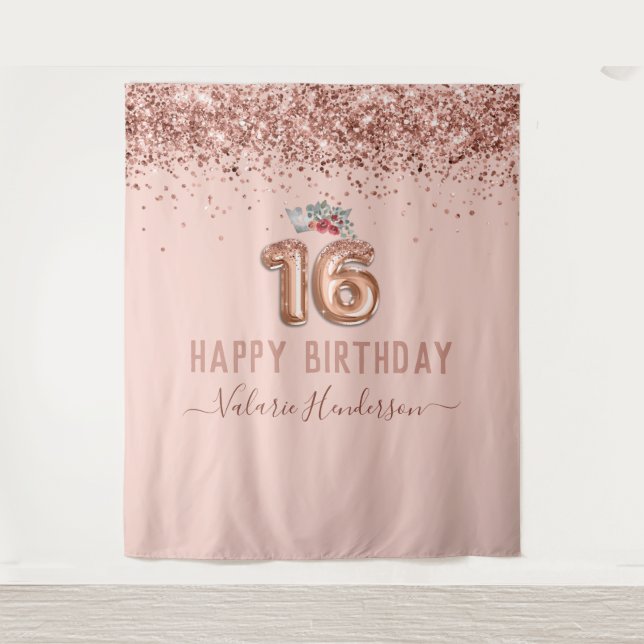 Tapiz de Feliz Cumpleaños 16 Rosa Dorado Rosa (Anverso)