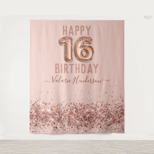 Tapiz de Feliz Cumpleaños 16 Rosa Dorado Rose Gold