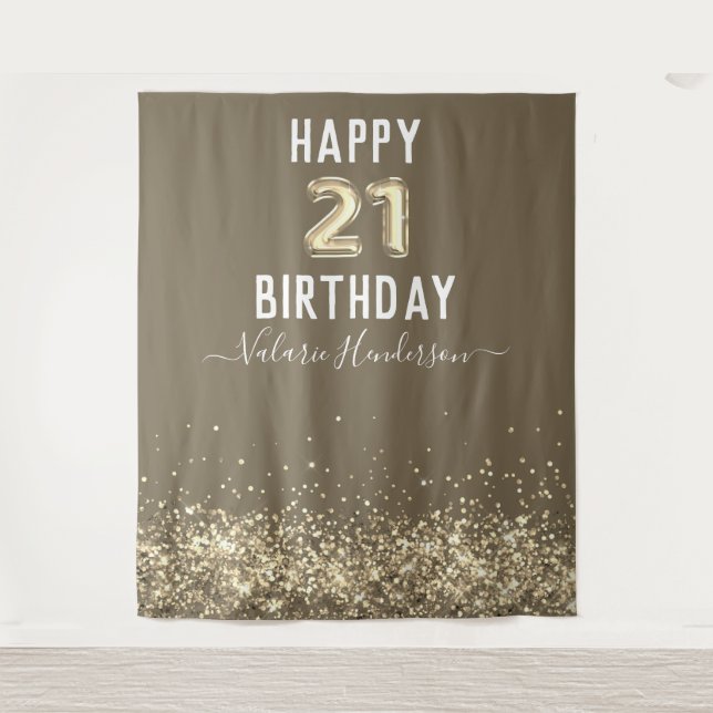 Tapiz de Feliz Cumpleaños 21 con Brillo Dorado (Anverso)