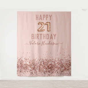Tapiz de Feliz Cumpleaños 21 Rosa Dorado Rosa