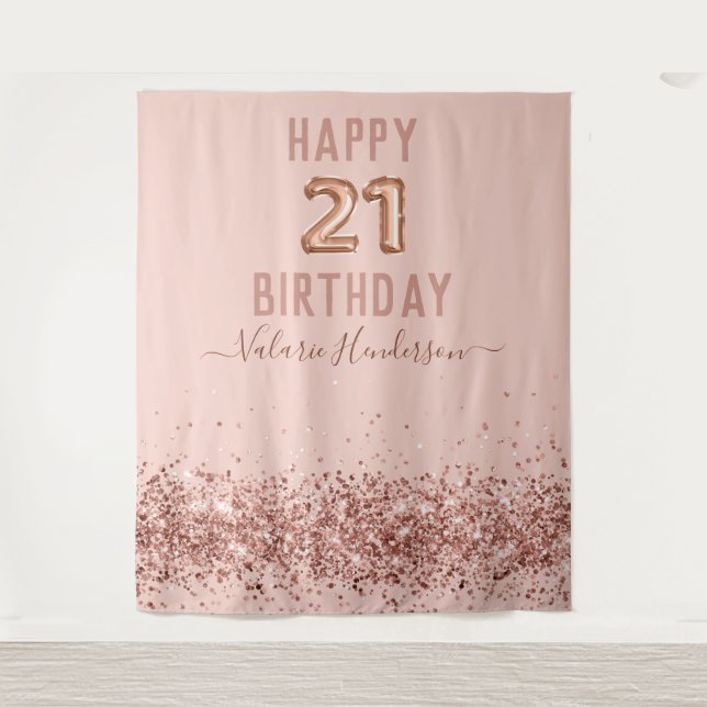 Tapiz de Feliz Cumpleaños 21 Rosa Dorado Rosa (Anverso)