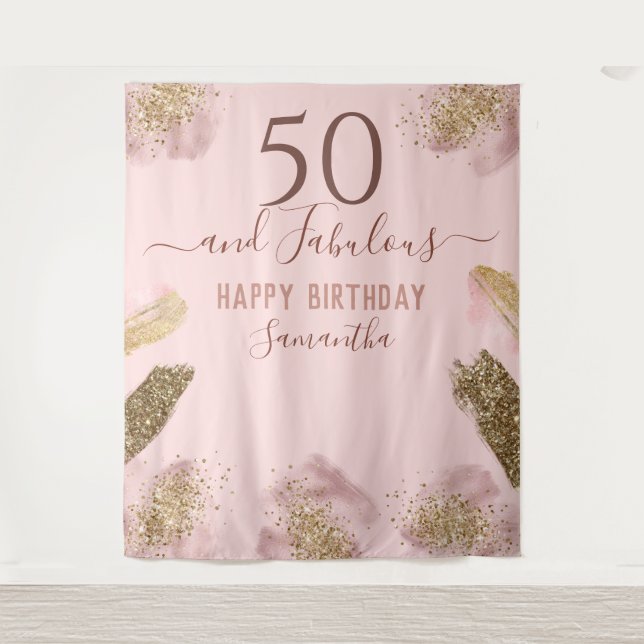 Tapiz de Feliz Cumpleaños 50 Glitter Strokes Rosa (Anverso)