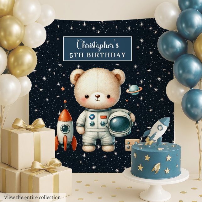 Tapiz de Fiesta de oso espacial para niño de cumpl (Space Bear Party Tapestry for Birthday Boy)