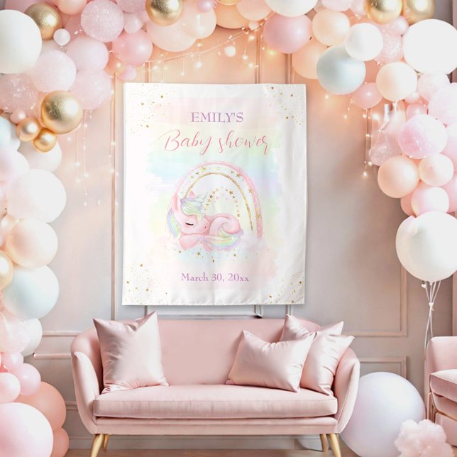 Tapiz de fondo Baby Shower Chica de Unicorn (Unicorn Girl Baby Shower Backdrop Tapestry)