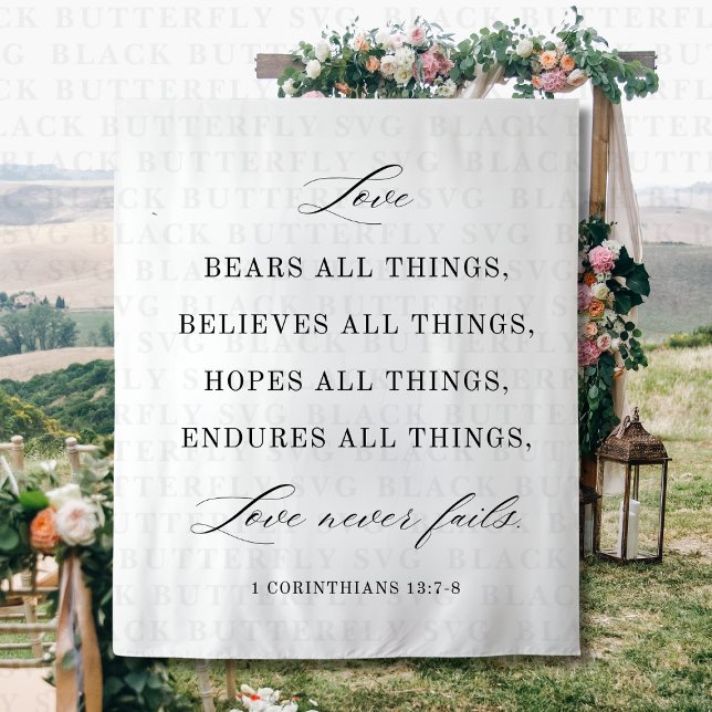 Tapiz de fondo de cita de boda moderna  (Love Never Fails Wedding Backdrop)