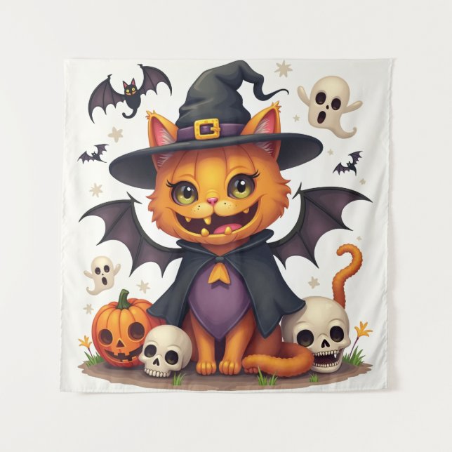 Tapiz De Gatos Brujos De Halloween (Anverso)