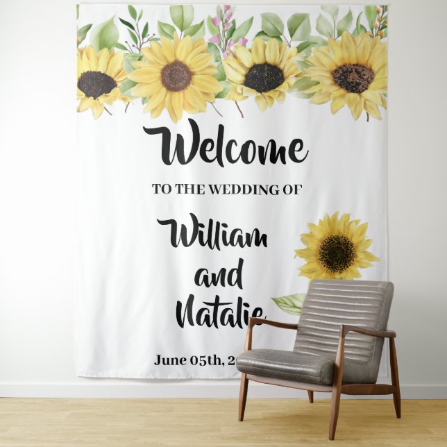 Tapiz de girasoles de boda de bienvenida (In situ)