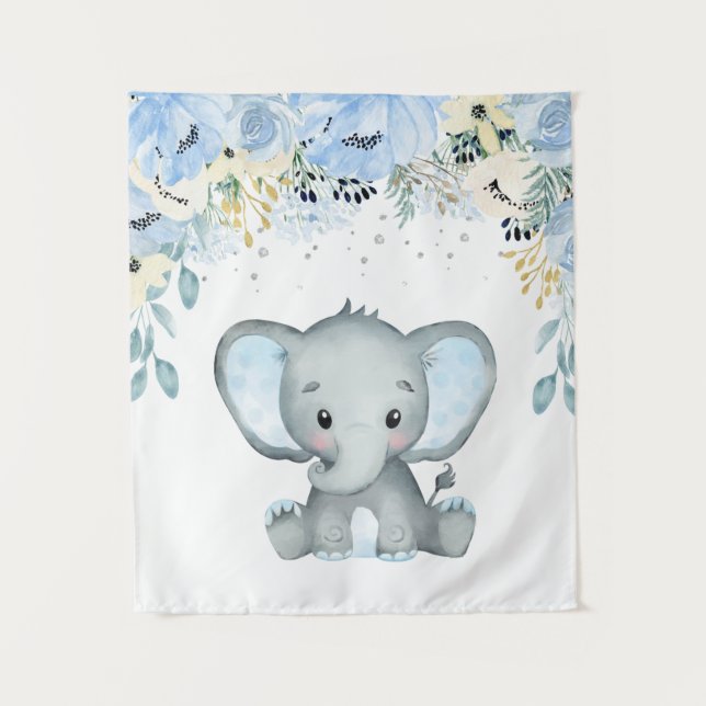 Tapiz de guardería de elefante floral azul para be (Anverso)