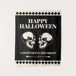Tapiz de Halloween de Cráneos Riéndose de Negro y 