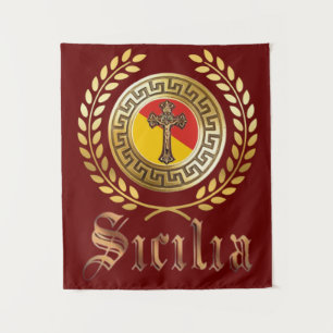 Tapiz de la bandera de Sicilia y crucifijo