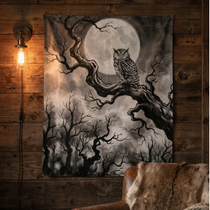 Tapiz de la Luna de Búho   Arte del Bosque Oscuro