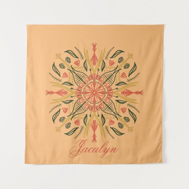 Tapiz de Mandala Botánico Boho Naranja Nombre (Anverso)