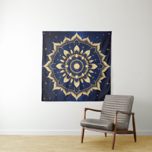 Tapiz de Mandala de Luna Celestial Azul Marino y