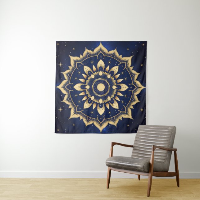 Tapiz de Mandala de Luna Celestial | Azul Marino y (In situ (horizontal))