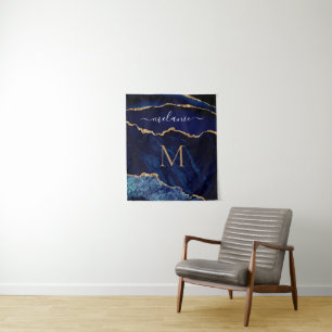 Tapiz de Mármol Azul Navy Ágata con Nombre y Letra