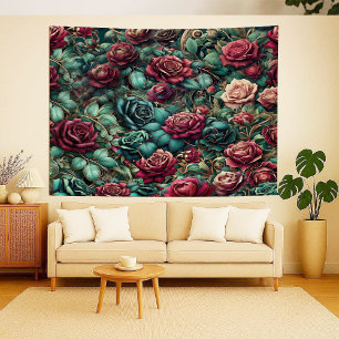Tapiz de oro teal de rosa trepadora Art Nouveau