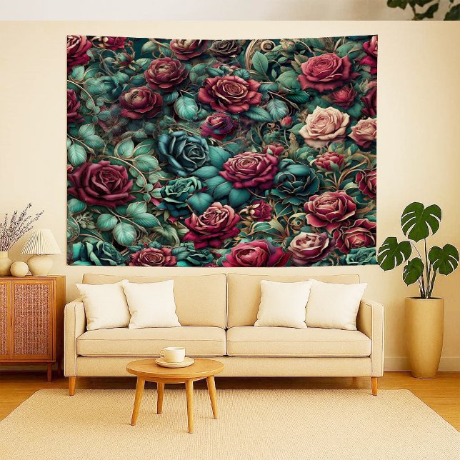 Tapiz de oro teal de rosa trepadora Art Nouveau (Art Nouveau Climbing Rose Teal Gold Tapestry)