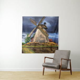 Tapiz de paisaje holandés con molino de viento