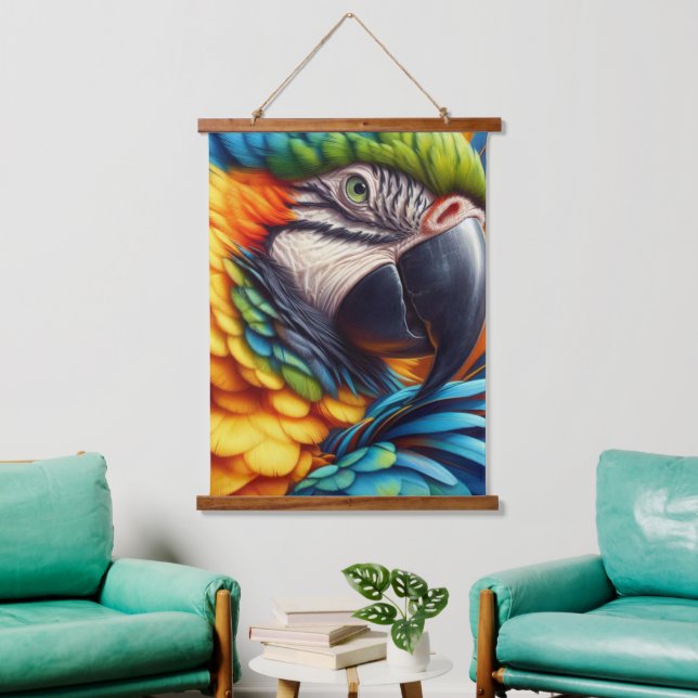 Tapiz de pared con loro guacamayo y madera (Sala de estar)