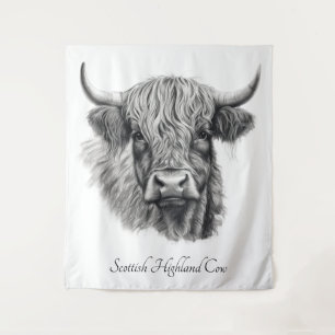 Tapiz de pared de arte de dibujo de vaca de Highla